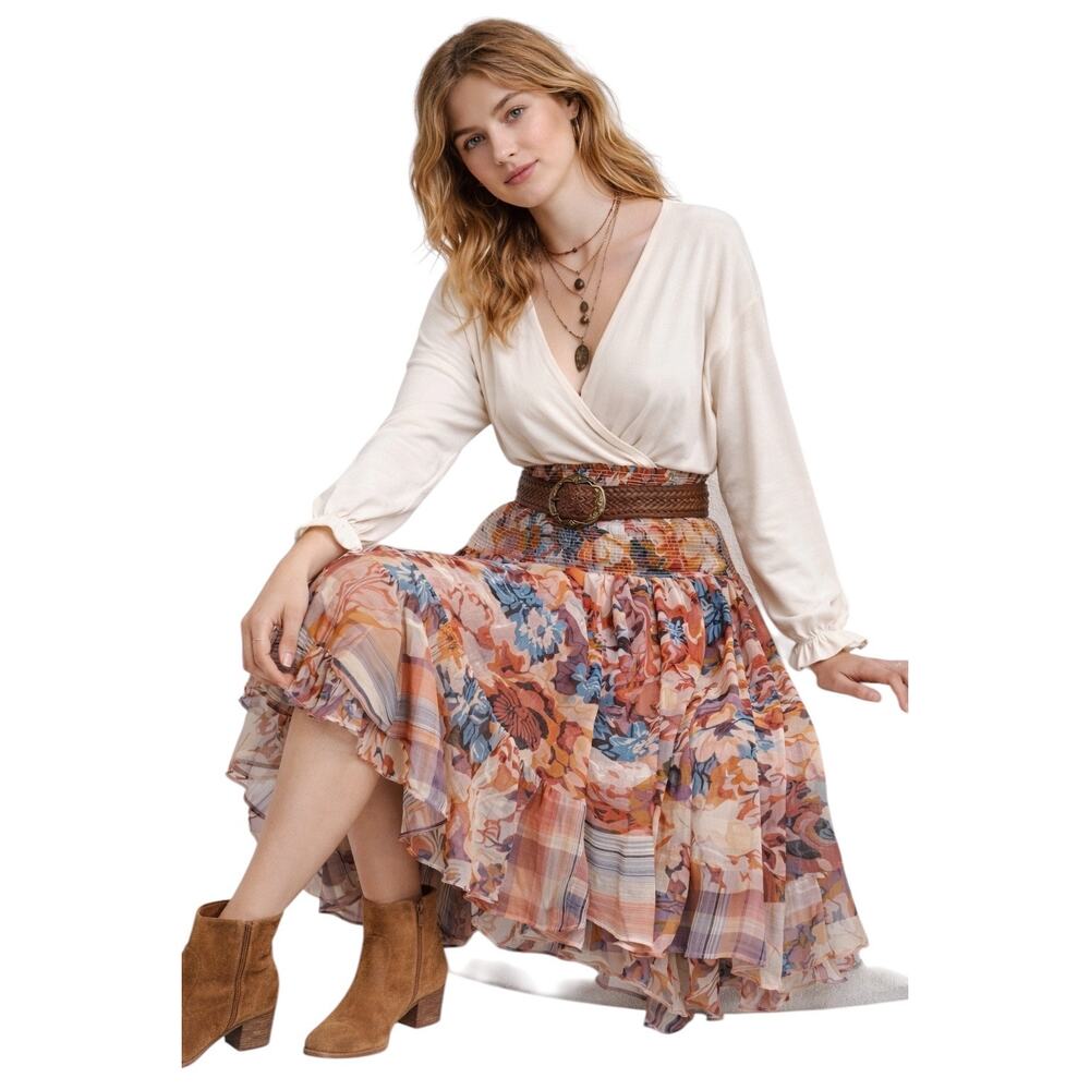 Anthropologie Akemi Kin Patchwork Asymmetric Chiffon Skirt Ruffle Boho Romantic